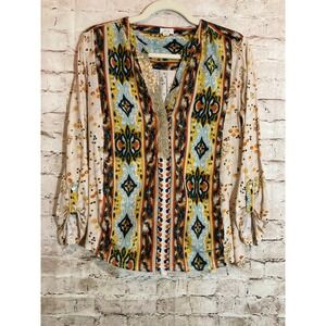 Anthropologie Tiny Boho Top Women Small Sequin Trim Tunic Hippie Artsy Mix Print